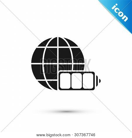 Black Battery Charge Level Indicator With Earth Globe Icon Isolated On White Background. World Or Ea