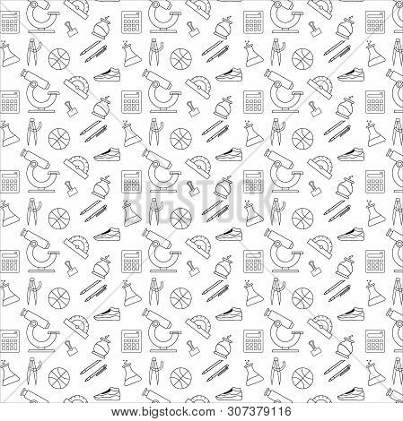 School Sketch Pattern. Line Isolated Education Objects Background.