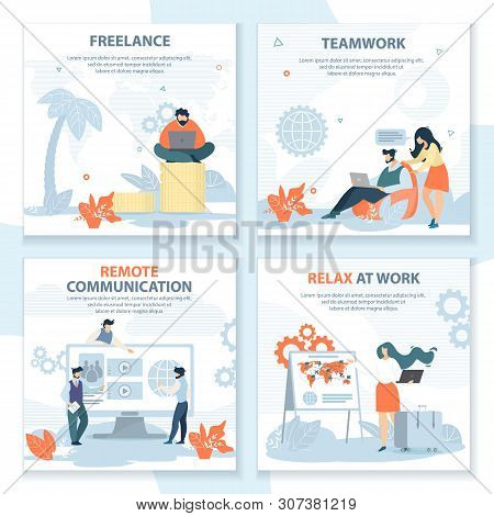 Set Business Cards Inscription Freelance Cartoon. Banner Is Written Teamwork, Relax From Work, Remot