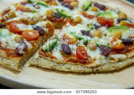 Italian Pizza, Vegetables, Ingredients Background. Pizza Is Cooking In The Oven. Pizza Menu.