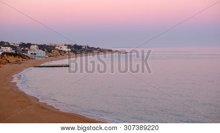 View On The Beach Albufeira On The Sunset. Region Faro, Algarve. Vacation In Portugal - Image.