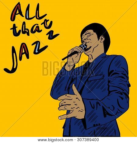 Singing Elderly Man In A Blue Suit With A Microphone In His Hand. Yellow Retro Background. Lettering
