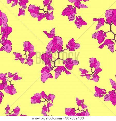 Seamless Pattern Floral Textiles Background In Abstract Style. Yellow Background. Hand Drawn Vector 