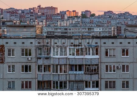 Windows, Roofs And Facade Of An Mass Apartment Buildings In Russia