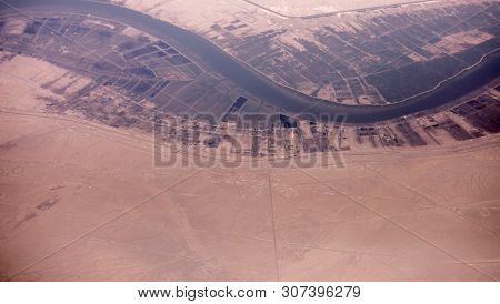 High aerial view from airplane of the Iran Iraq border near Basra.