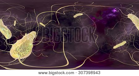 Clostridium Difficile Bacteria, 360 Degree Vr Spherical Panorama View, 3d Illustration. Bacteria Whi