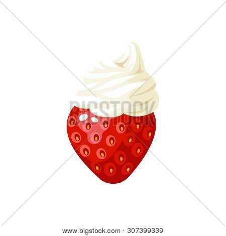 Strawberry And Whipped Cream. Vector Illustration Cartoon Flat Icon Isolated On White.