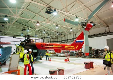 Tyumen, Russia - June 5, 2019: Aircraft Repair Helicopter Utair Engineering Plant. Mi-8 Helicopter D