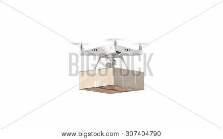 Blank White Quadrocopter With Box Mockup, Flying Isolated, Side View, 3d Rendering. Empty Drone With