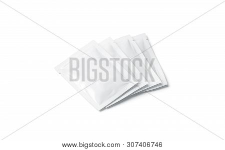 Blank White Sachet Packets Stack Mock Up, Isolated, Side View, 3d Rendering. Empty Package Bundle Mo