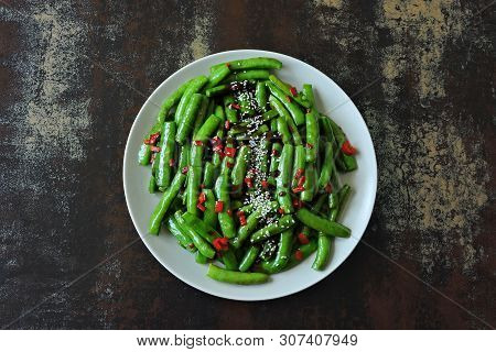 Green Peas With Chili And Sesame. Vegan Plate. Dietary Food.