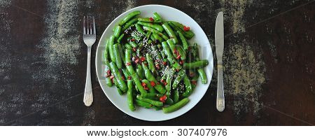 Green Peas With Chili And Sesame. Vegan Plate. Dietary Food.