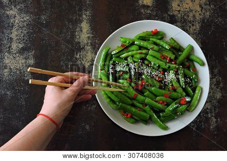 Green Peas With Chili And Sesame. Vegan Plate. Dietary Food.