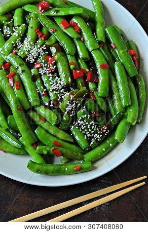 Green Peas With Chili And Sesame. Vegan Plate. Dietary Food.
