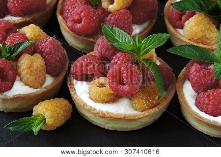 Desserts With Raspberries. Tart With Greek Yogurt And Yellow And Red Raspberries. Keto Diet. Keto De