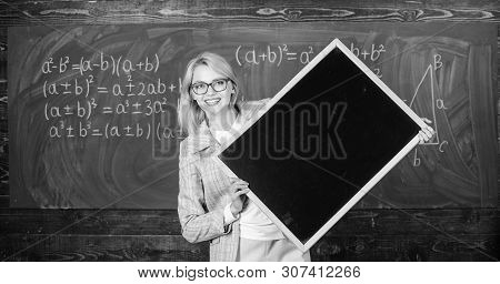 Remember This Information. Teacher Smart Smiling Woman Hold Blackboard Blank Advertisement Copy Spac