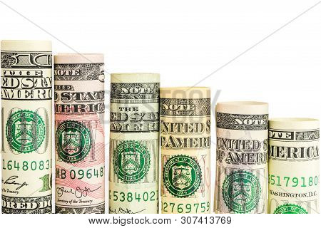 Declining Steps Made Of Rolls Of All American Dollar Banknotes In One Row On White Background