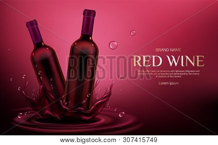 Red Wine Bottles Mockup. Two Closed Glass Blank Flasks Mock Up With Alcohol Vine Drink Stand On Burg