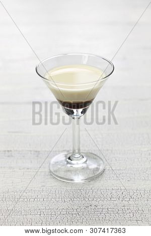 black and white, two color layered cocktail, homemade coffee liqueur and evaporated milk, alfonso13

