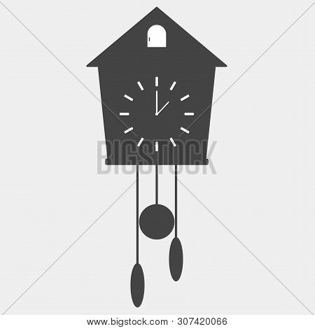 Vector Icon Of Black Clock With Cuckoo On White Background. Home Appliances