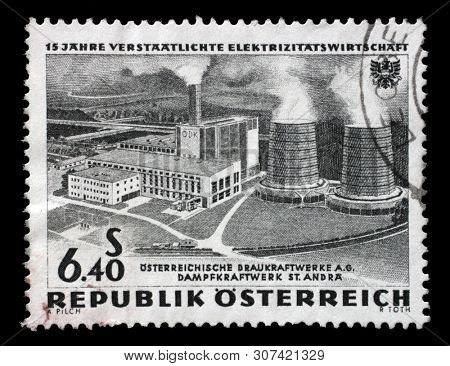 ZAGREB, CROATIA - JULY 03, 2014: A stamp issued in the Austria shows the 15th Anniversary of Nationalized Power Industry, circa 1962.