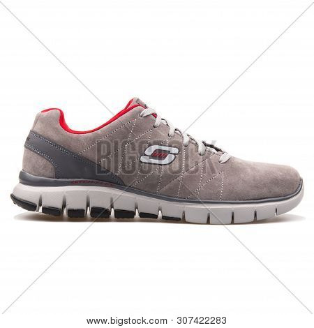 Vienna, Austria - August 25, 2017: Skechers Skech Flex Natural Vigor Grey And Red Sneaker On White B