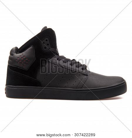 Vienna, Austria - August 25, 2017: Supra Atom Black Sneaker On White Background.