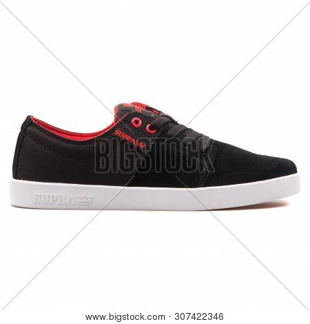 Vienna, Austria - August 25, 2017: Supra Stacks 2 Black, Red And White Sneaker On White Background.