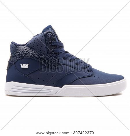 Vienna, Austria - August 25, 2017: Supra Khan Navy Blue And White Sneaker On White Background.