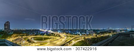 Panorama Traffic On The Bridge,bridge Over The Chao Phraya River At Night