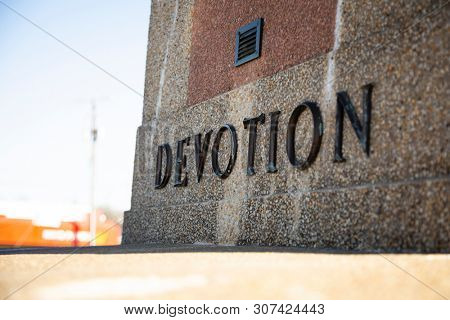 2019 BLADENSBURG MARYLAND USA FEB 25 Peace Cross: The word Devotion on the Bladensburg World War I Memorial built by the American Legion for Prince Georges County soldiers who died in the Great War.