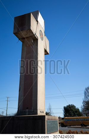 2019 BLADENSBURG MARYLAND USA FEB 25 Peace Cross: Low angle view of the Bladensburg World War I Memorial commissioned by the American Legion, built in 1919-1925 at a 3-way junction on Bladensburg Rd.