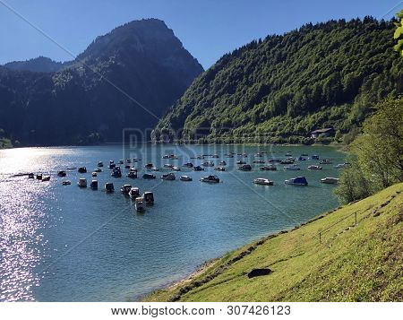 Boats On Alpine Lake Wagitalersee Or Waegitalersee, Innerthal - Canton Of Schwyz, Switzerland