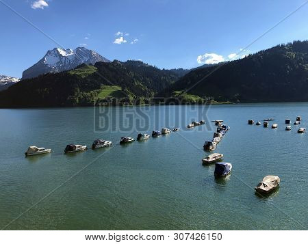 Boats On Alpine Lake Wagitalersee Or Waegitalersee, Innerthal - Canton Of Schwyz, Switzerland