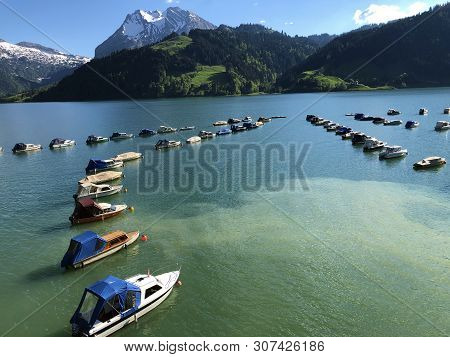 Boats On Alpine Lake Wagitalersee Or Waegitalersee, Innerthal - Canton Of Schwyz, Switzerland