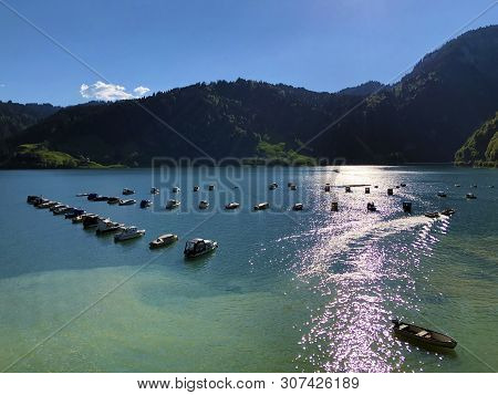 Boats On Alpine Lake Wagitalersee Or Waegitalersee, Innerthal - Canton Of Schwyz, Switzerland