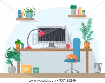 Working Place Illustration In Flat Style, Computer On Work Table With Chair, Lamp, Mug, Shelves With