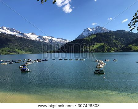 Boats On Alpine Lake Wagitalersee Or Waegitalersee, Innerthal - Canton Of Schwyz, Switzerland