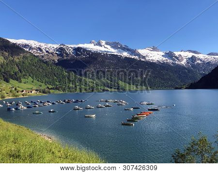 Boats On Alpine Lake Wagitalersee Or Waegitalersee, Innerthal - Canton Of Schwyz, Switzerland
