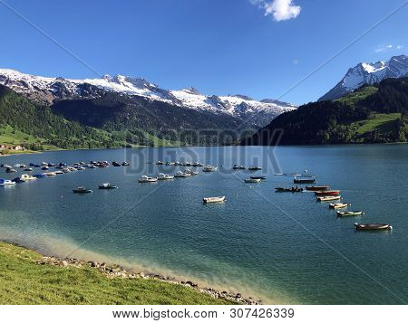 Boats On Alpine Lake Wagitalersee Or Waegitalersee, Innerthal - Canton Of Schwyz, Switzerland
