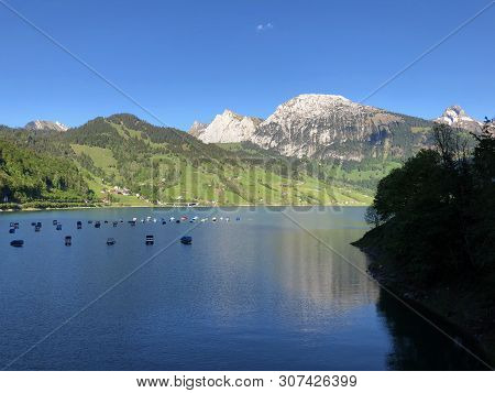 Boats On Alpine Lake Wagitalersee Or Waegitalersee, Innerthal - Canton Of Schwyz, Switzerland