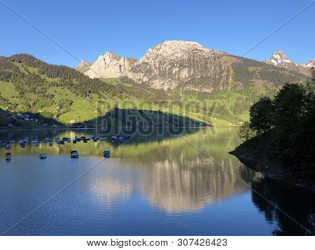 Boats On Alpine Lake Wagitalersee Or Waegitalersee, Innerthal - Canton Of Schwyz, Switzerland