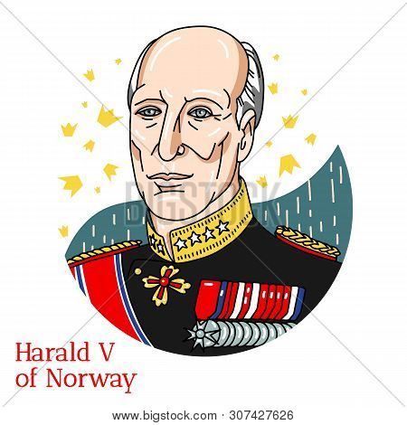 Harald V Of Norway Colored Vector Portrait With Black Contours. The King Of Norway, Having Ascended 