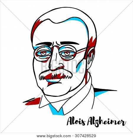 Alois Alzheimer Engraved Vector Portrait With Ink Contours. German Psychiatrist And Neuropathologist