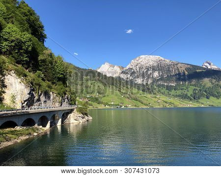 The Dam On The Artificial Alpine Lake Wagitalersee (waegitalersee), Innerthal - Canton Of Schwyz, Sw