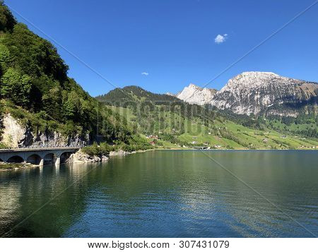 The Dam On The Artificial Alpine Lake Wagitalersee (waegitalersee), Innerthal - Canton Of Schwyz, Sw