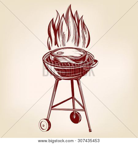 Food Meat, Steak, Roast Grilled, Hand Drawn Vector Illustration Realistic Sketch