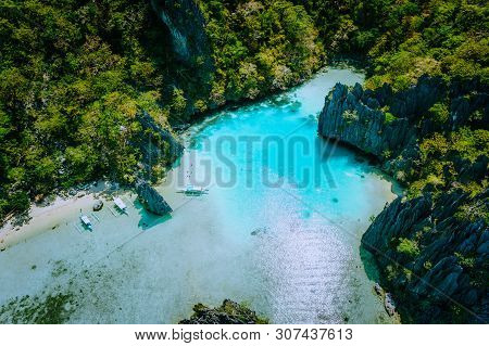 Amazing Aerial View Of Turquoise Cadlao Lagoon Hopping Island El Nido Palawan Philippines. Stunning 