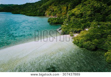 Aerial View Of Turquoise Coastal Water And Sandy Bank In El Nido Archipelago Tourist Destination Isl