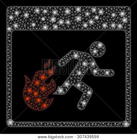 Flare Mesh Fire Evacuation Man Calendar Page With Glow Effect. Abstract Illuminated Model Of Fire Ev